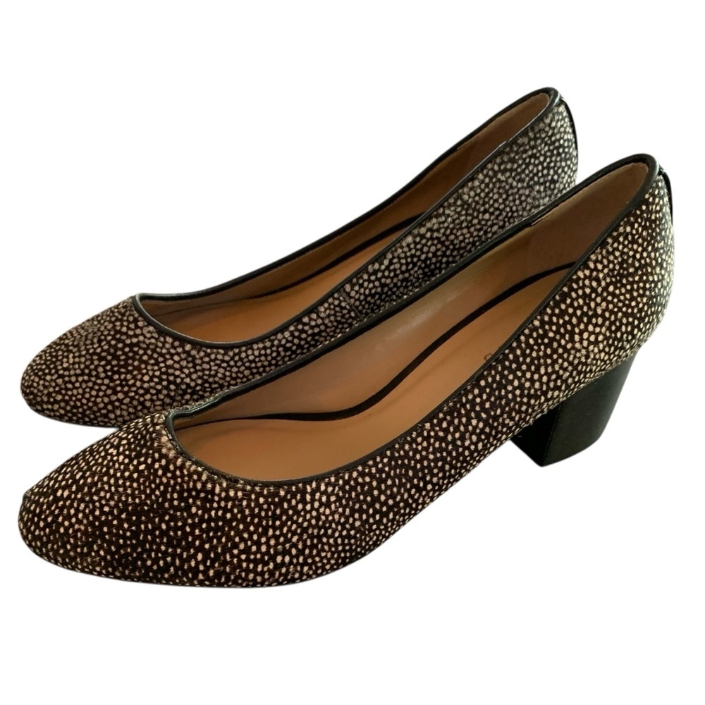 Talbots 9.5M Isa Calf Hair Pony Block Heel Pumps Brown White Preppy Classic